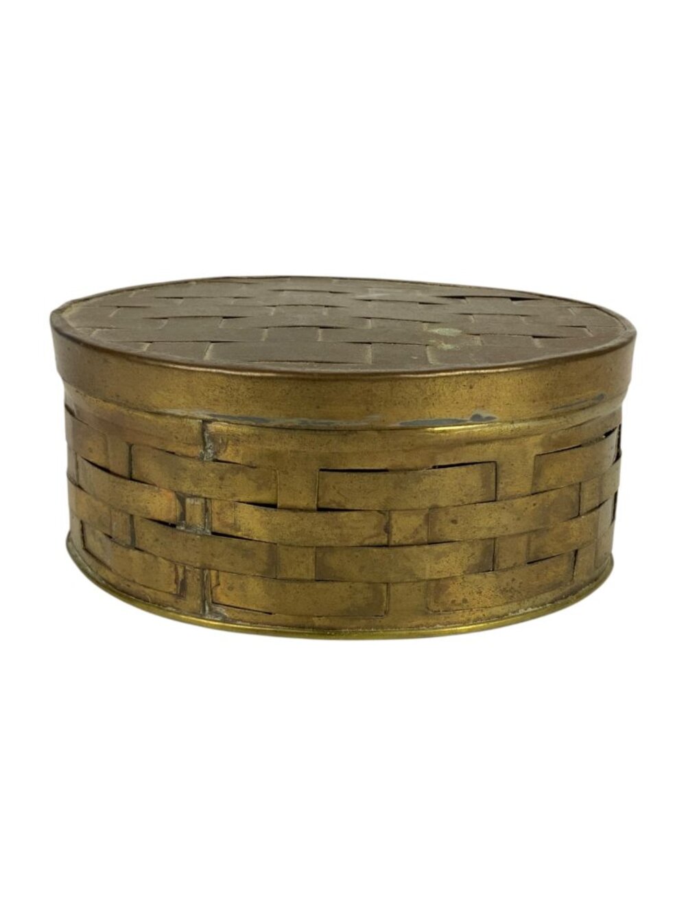 Vintage Brass Oval Woven Basket Trinket Stash Box With Lid Decorative Storage